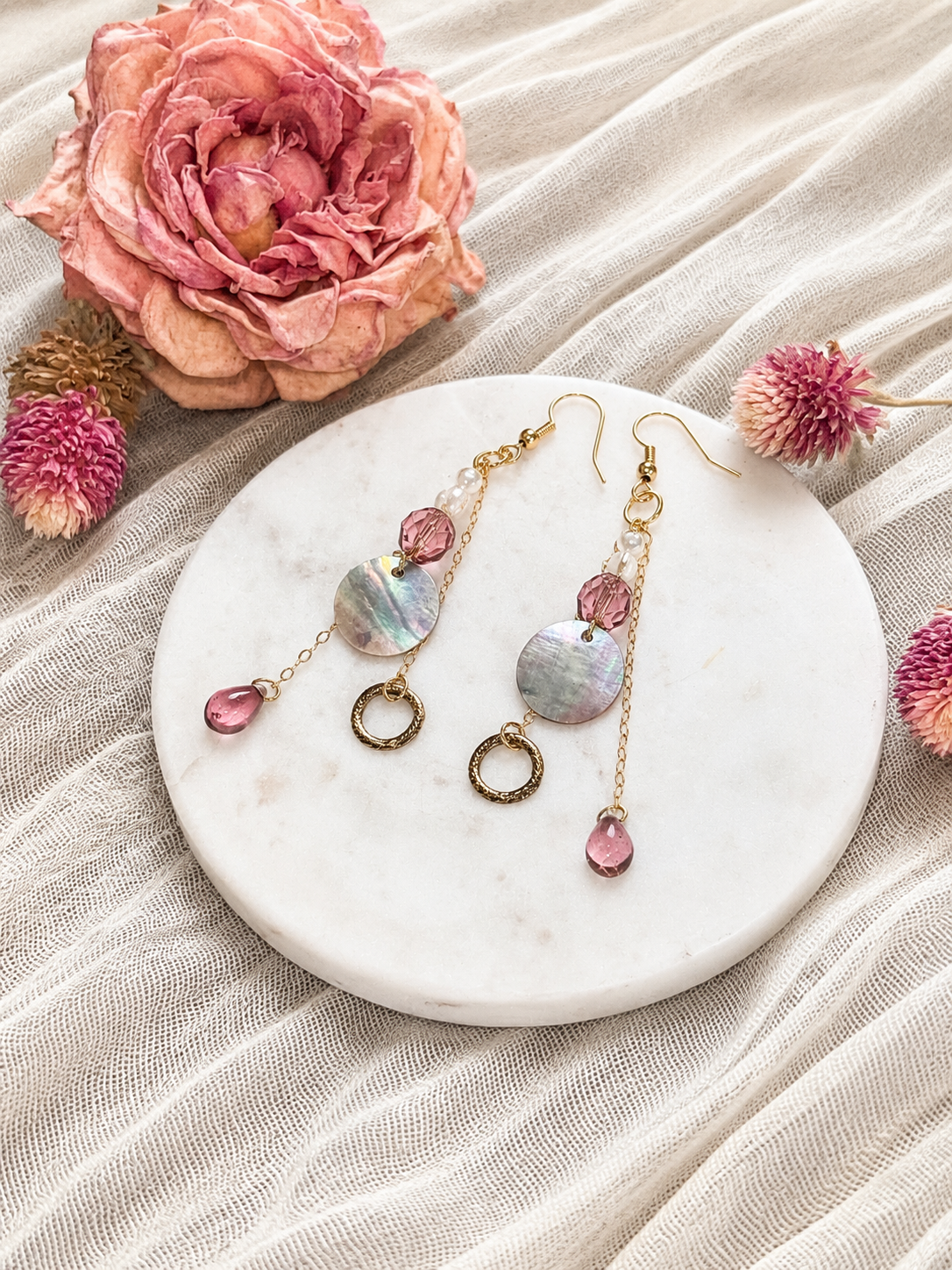 Rose Tide Seashell Drop Earrings