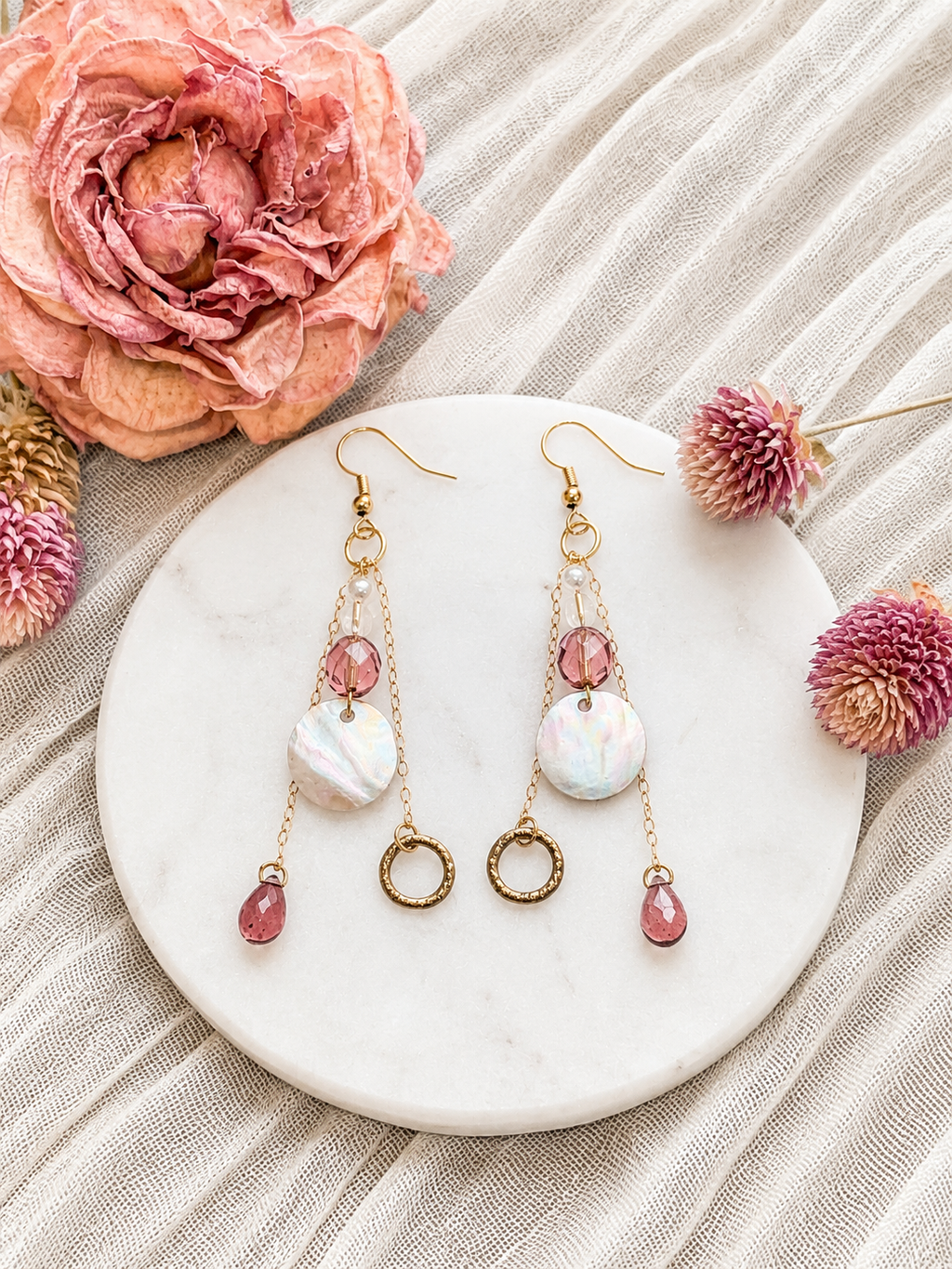 Rose Tide Seashell Drop Earrings