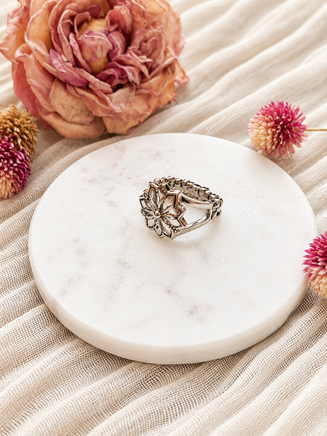 Silver Wildflower Bloom Adjustable Statement Ring